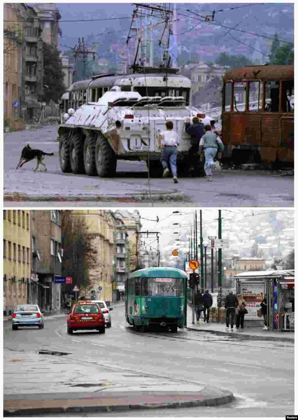 Three boys run behind a UN armored personnel carrier as it moves past a burned-out tram in Skenderia Square on August 10, 1993. Vehicles, including a tram, in the same square on April 1, 2012.