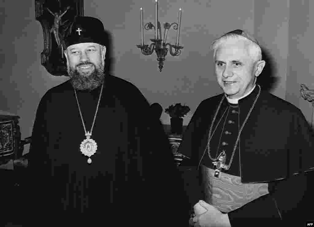 Cardinal Joseph Ratzinger meets with Russian Orthodox Archbishop Wladimir Dimitrowskij (left) during the Evangelic Academy in Tutzing, Germany, in April 1979.