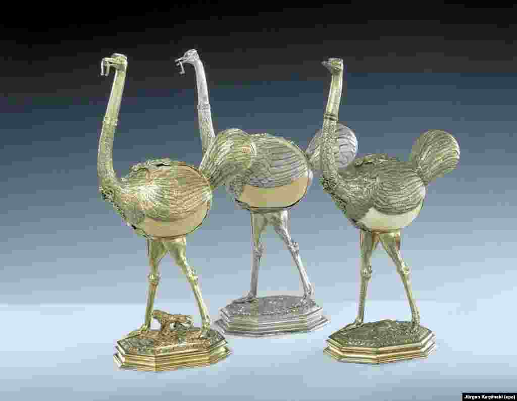 Three striding ostriches, crafted between 1589 - 1595 by Leipzig goldsmith Elias Geyer. &nbsp;