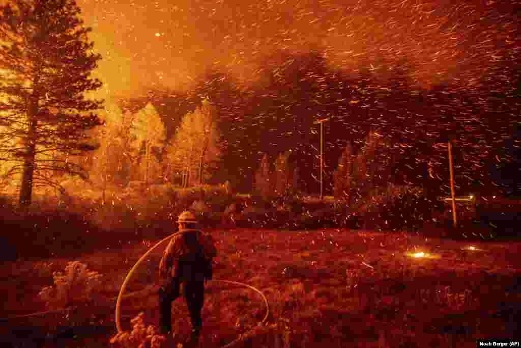 Embers fly above a firefighter as he works to control a backfire as the Delta Fire burns in the Shasta-Trinity National Forest, California, on September 6. The blaze had tripled in size overnight. (AP/Noah Berger)