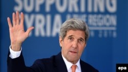 U.S. Secretary of State John Kerry arrives at at the QEII center to attend a donor conference in London on February 4.