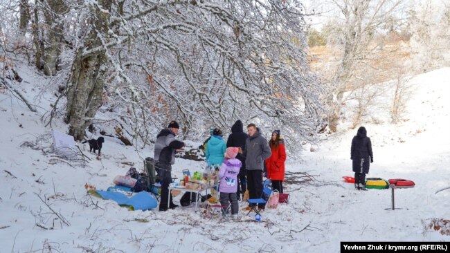 Эта компания готовит шашлыки в заснеженном лесу