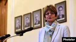 Armenia - Anne Brasseur, president of the Council of Europe Parliamentary Assembly, addresses reporters in Yerevan, 13Apr2015.