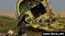 A Russia-backed separatist inspects the wreckage of Flight MH17 in eastern Ukraine on July 22, 2014.