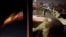A before and after images take from social media video of protesters tearing apart Iran's national flag after it was taken down in the city of Mashhad in Razavi Khorasan province.