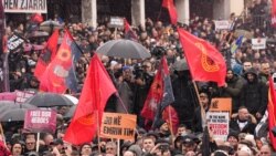 Demonstrators gather in Pristina on February 17 in support of former President Hashim Thaci and other Kosovars standing trial in The Hague on charges of war crimes and crimes against humanity.
