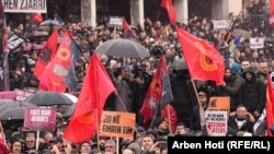 Demonstrators gather in Pristina on February 17 in support of former President Hashim Thaci and other Kosovars standing trial in The Hague on charges of war crimes and crimes against humanity.