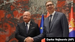 Kancelari austriak, Christian Stocker, dhe presidenti i Serbisë, Aleksandar Vuçiq. Beograd, 13 gusht 2025. 