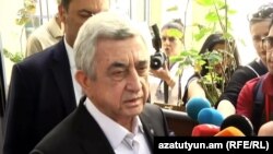 Armenia - Former President Serzh Sarkisian talks to journalists after casting his ballot in the early parliamentary election, Yerevan,20Jun,2021