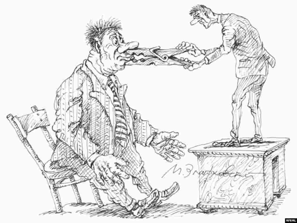 Встав с колен, следи за языком. Михаил Златковский. "Поскольку слово не воробей". Художника вдохновила идея министра информационных технологий заставить СМИ отвечать за комментарии пользователей. 