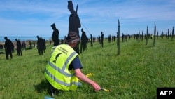 Un voluntar pregătește la 12 aprilie instalația „Standing with Giants" („În rând cu giganții”) la memorialul britanic al Debarcării din Normandia, în satul francez Ver-sur-Mer, în vederea ceremoniilor de la 6 iunie.