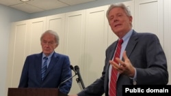 U.S. - Senator Ed Markey (left) and Representative Frank Pallone speak during a news conference in Washington, November 18, 2024. (Photo by the Armenian National Committee of America,)