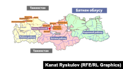 Кыргызстандын Баткен облусунун картасы. Базалык көрсөткүч Өзгөчө кырдаалдар министрлигинин сайтынан алынып, кошумчаланды. Белгилер болжолдуу коюлду. 