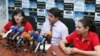 Armenia - The chairman of the Armenian Paralympic Committee, Hakob Abrahamian (C), and Paralympic athletes Greta Vartanian and Margarita Hovakimian at a news conference in Yerevan, 21Aug2012. 