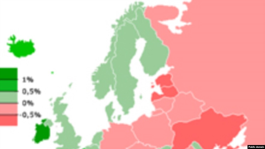 Карта изменения населения в Европе на 2006 год. Зеленый – рост, красный – сокращение