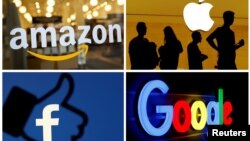 Logo-urile companiilor Amazon, Apple, Facebook și Google