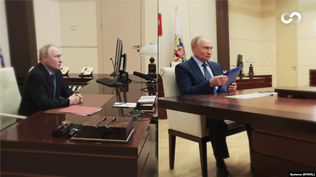 Sipas Kremlinit, këto dy foto janë bërë në të njëjtën zyrë në të njëjtën ditë, më 12 korrik 2024. Megjithatë, detajet e brendshme tregojnë se fotot janë bërë në vende të ndryshme.