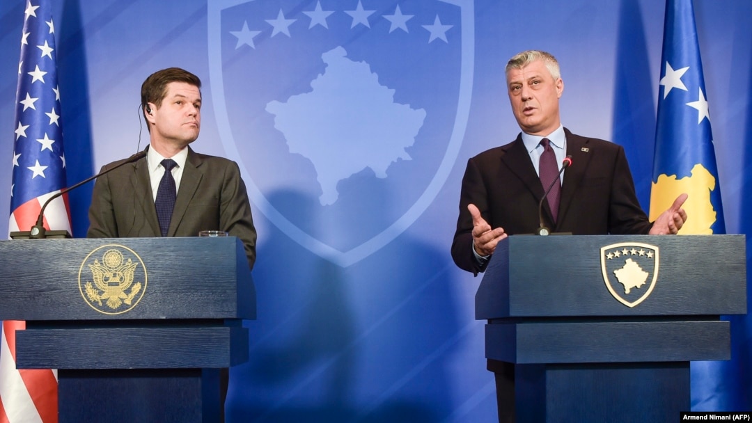 U.S. Assistant Secretary of State for European and Eurasian Affairs Aaron Wess Mitchell (LEFT) and Kosovar President Hashim Thaci in Pristina on March 12.