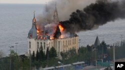 A building burns after a missile attack by Russian forces on Odesa on April 29.
