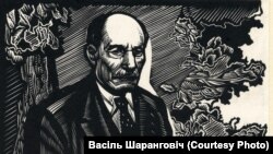 Якуб Колас у Люсінскай школе. 1972. Лінагравюра Васіля Шаранговіча