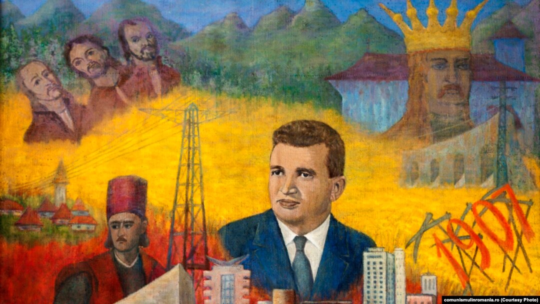 Erou între eroi. Nicolae Ceauşescu şi scene din istoria poporului; tablou oferit de Natalia şi Nicolae Gadonschi – Ţepeş; 1978; sursa: comunismulinromania.ro (MNIR)