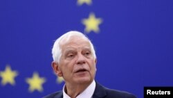 EU Foreign Policy Chief Josep Borrell addresses a plenary session of the European Parliament in Strasbourg