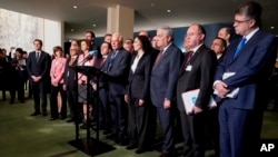 European Union foreign policy chief Josep Borrell (center) speaks at a press conference after the UN General Assembly voted in favor of a resolution upholding Ukraine's territorial integrity at UN headquarters on February 23.