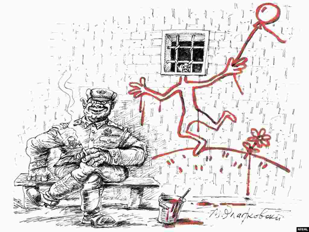 Mikhail Zlatkovsky's cartoon for RFE/RL's Russian Service is titled, "A thaw is coming to the country," but depicts that change as cosmetic at best. On RFE/RL's Russian website, a caption reads: "The president says freedom is better than lack of freedom."