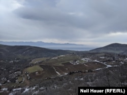 The view from Davit Bek, in Armenia, toward the border with Azerbaijani-controlled territory, with Azerbaijani positions barely visible.