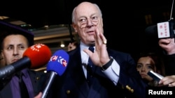UN mediator for Syria Staffan de Mistura gestures during a news conference on the Syrian peace talks outside President Wilson hotel in Geneva, Switzerland, on February 3.