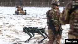 Роботизована платформуаQ-UGV «Cesare» італійської компанії Veco Robotics та безпілотний наземний комплекс «ASLAN» під час навчань НАТО Steadfast Dart 2026 у Бергені. Німеччина, 19 лютого 2026 року