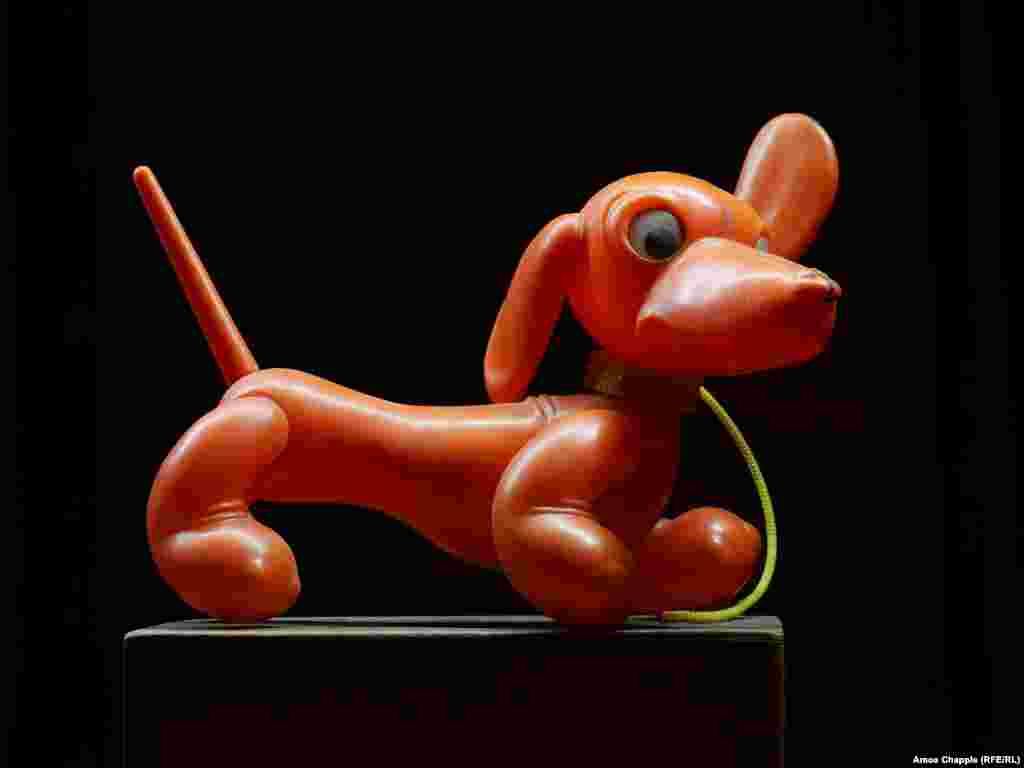 A plastic dachshund, made in Romania&#39;s Aradeanca toy factory.