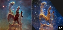 تصاویری از «ستون‌های آفرینش»، نمادین تصویر از فضا؛ تصویر سمت چپ از هابل و سمت راست از جیمزوب