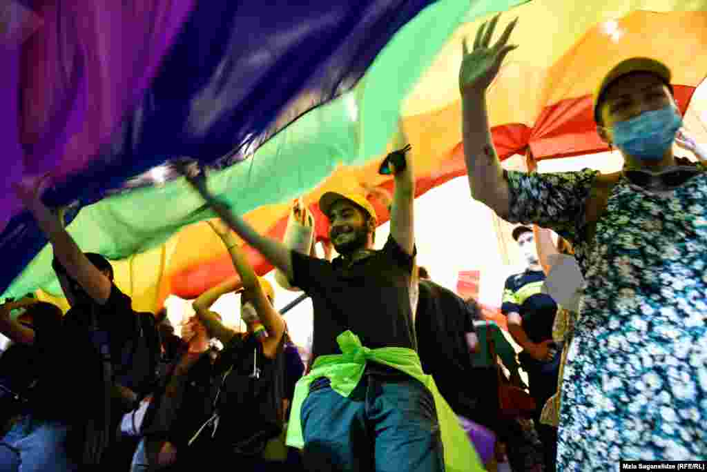 A rally at the parliament building in Tbilisi, Georgia, in support of an LGBT Pride event, on July 6. Far-right activists attacked some Pride events in the city, resulting in the death of a cameraman and dozens of injuries.&nbsp;