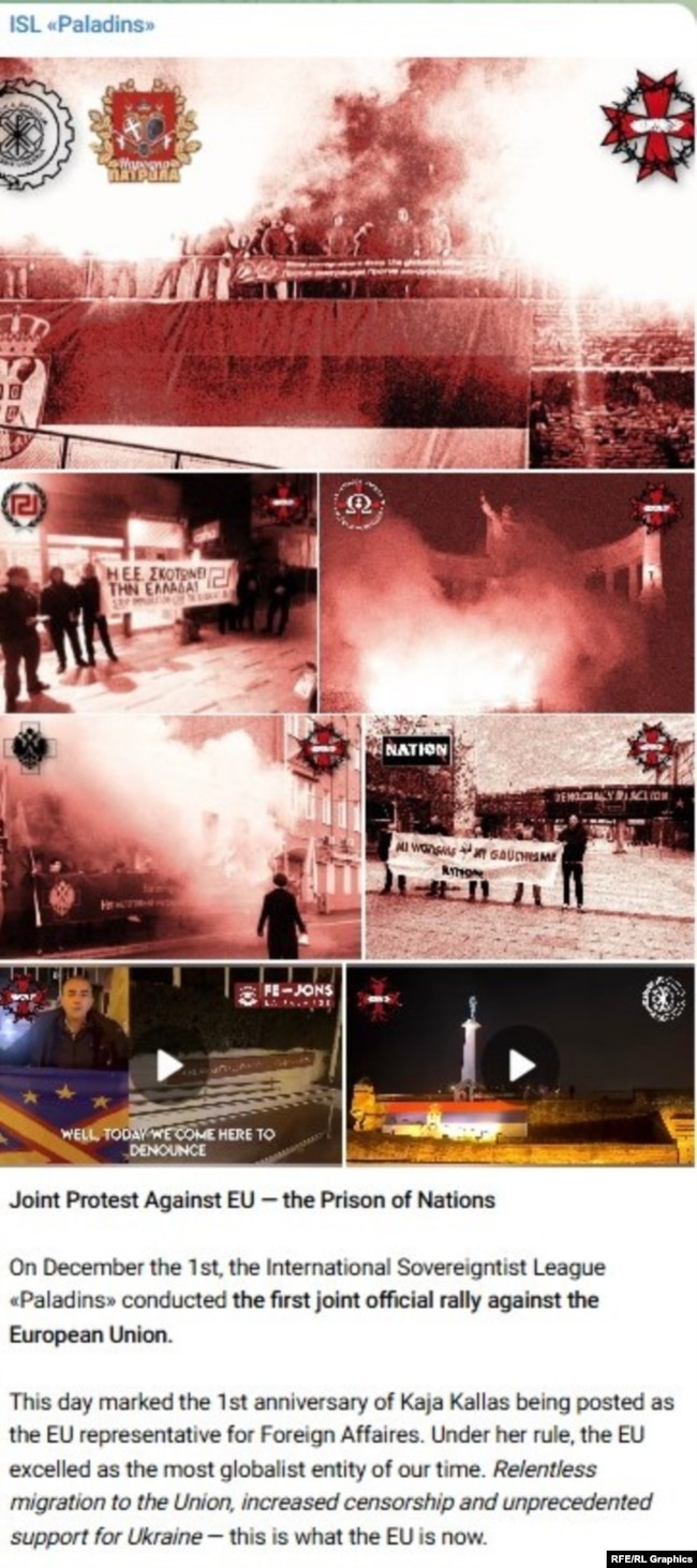 Postimi i "ISL Paladins"-it për aksionet e përbashkëta të organizuara nëpër Evropë (Telegram, dhjetor 2025).