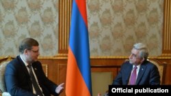 Armenia/Russia - Serzh Sarkisian, President of Armenia, meets with Konstantin Kosachev, Chairman of the Foreign Affairs Committee of the Russian parliament's upper house, Federation Council, Yerevan,14Mar,2018