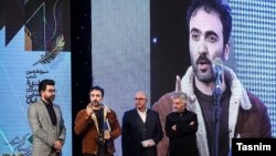 Homayoun Ghanizadeh speaking during a film award ceremony in Tehran, January 30, 2020