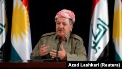 Kurdish leader Masud Barzani speaks during a news conference in Irbil, Iraq, on September 24. "We will never go back to the failed partnership" with Baghdad, he said.