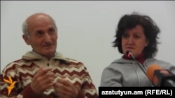 Armenia - Stepan Sularian and his wife Vartine, refugees from the Syrian-Armenian town of Kessab, speak to journalists in Yerevan, 3Apr2014. 