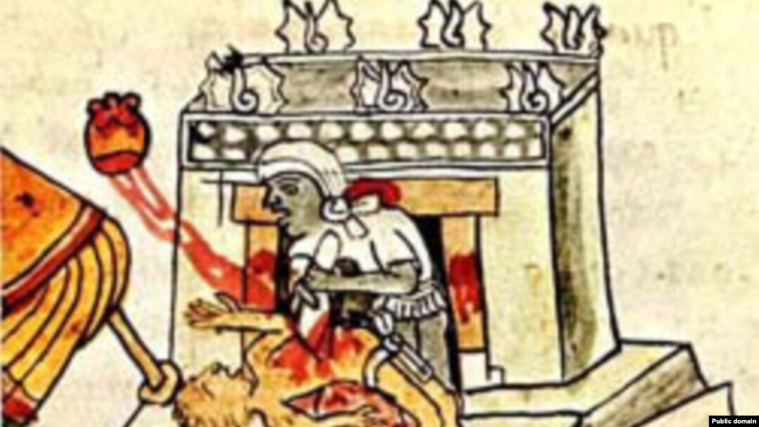 Человеческие жертвоприношения у ацтеков. Рисунок из манускрипта Codex Magliabechiano. Середина XVI века.