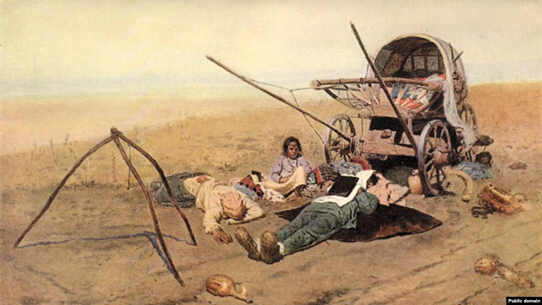 В дороге. Смерть переселенца. 1889 год. Сергей Иванов. Несмотря не то, что картина была написана задолго до столыпинской реформы, она стала агитационным плакатом, призывавшим выступать против реформы