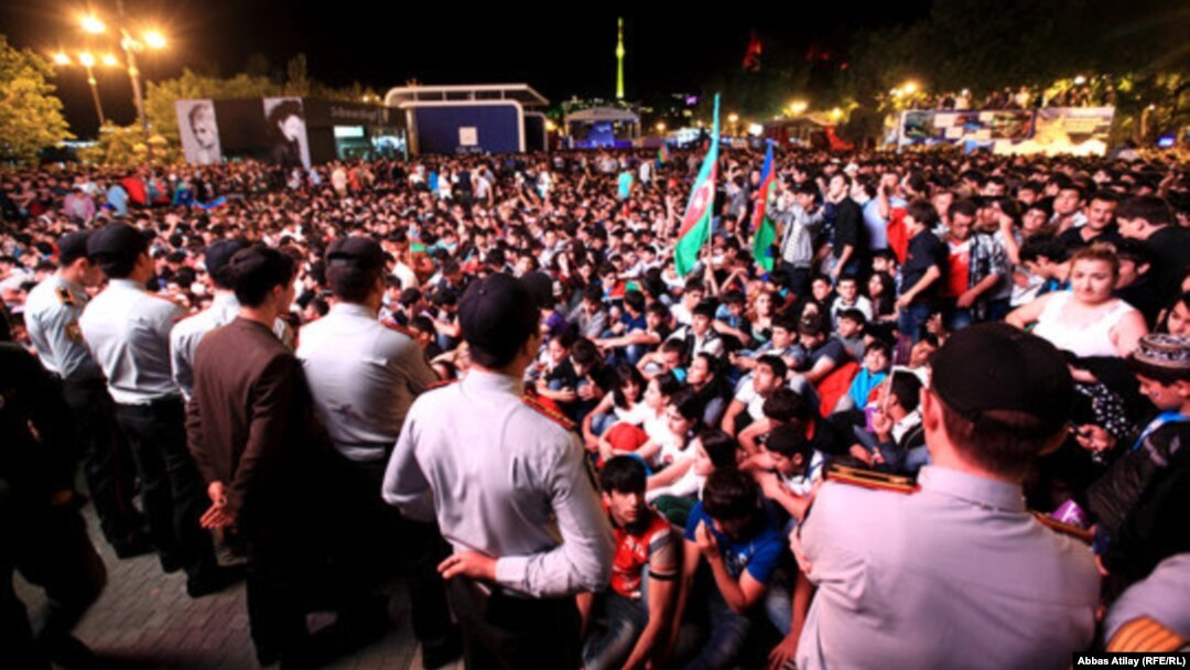 Fans celebrate in the Azerbaijani capital during Baku's hosting of the Eurovision Song Contest in May 2012.