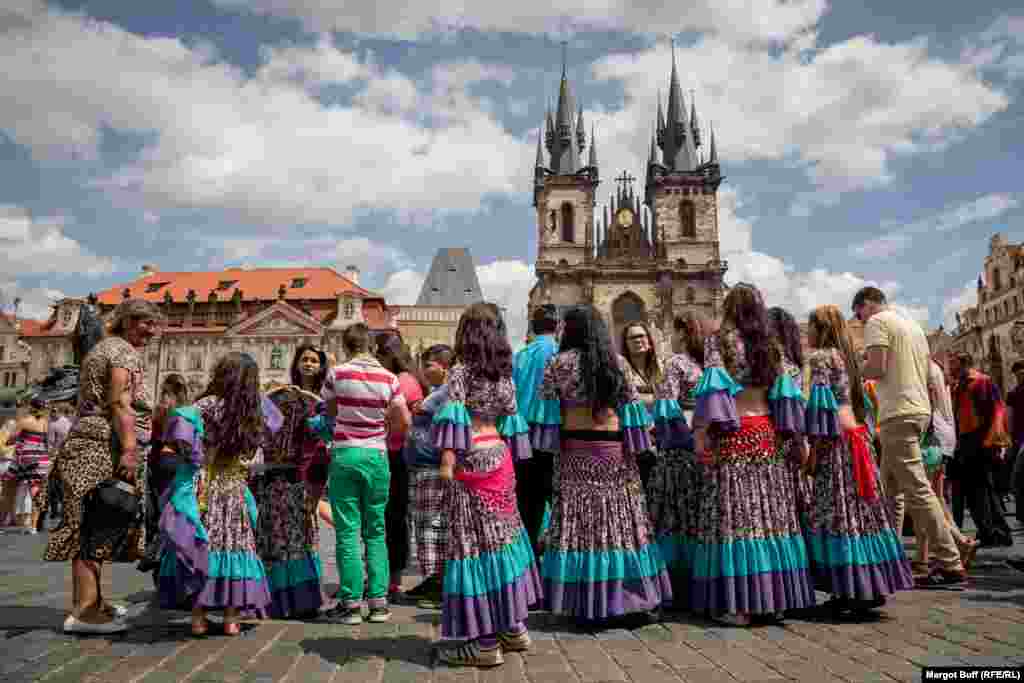 Dancers gather on Prague&#39;s Old Town Square.