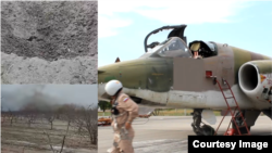 Коллаж сүрөт. Сол жактагы кадрлар 31-мартта тараган видеодон алынган. Оңдогу учак Канттагы базада СУ-25 учагынын мурда тартылган сүрөтү. 