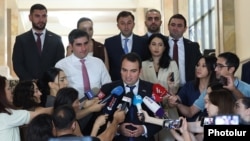 Armenia - Opposition leader Narek Karapetian speaks to journalists in the Armenian parliament, Yerevan, August 6, 2026.