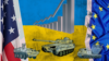 Illustrative image of military vehicles with U.S., Ukrainian, and EU flags in the background.