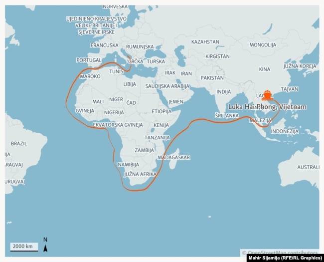 Rruga e mundshme e anijes Kathrin nga Vietnami në Adriatik.