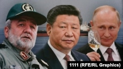 Коллаж: высокопоставленный представитель КСИР Эбрахим Джабари, председатель КНР Си Цзиньпин, президент России Владимир Путин 