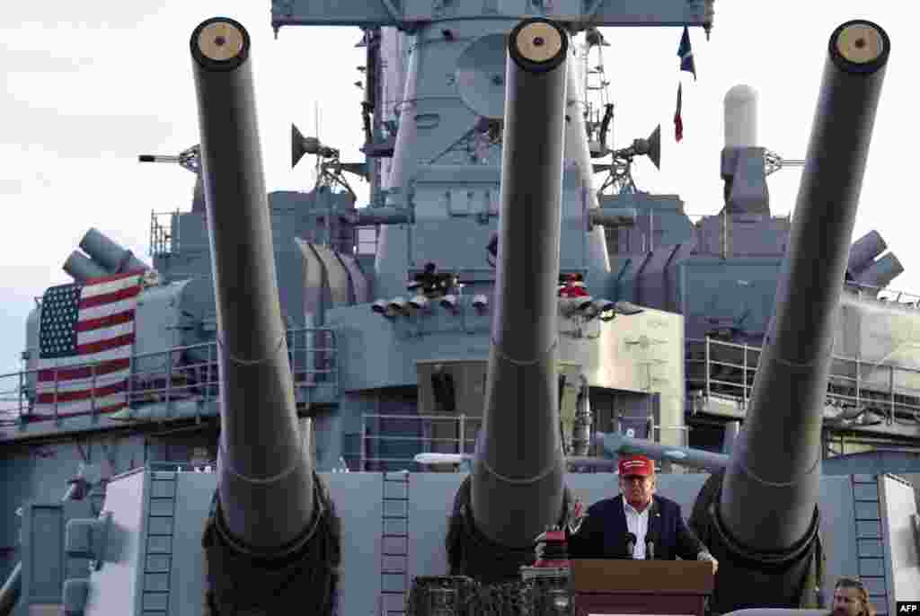 Republican presidential candidate Donald Trump gives a national security speech aboard the World War II battleship USS Iowa, in San Pedro, California. (AFP/Robyn Beck)