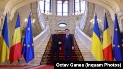 Президент Румунії Нікушор Дан (л) і його український колега Володимир Зеленський, Бухарест, 12 березня 2026 року